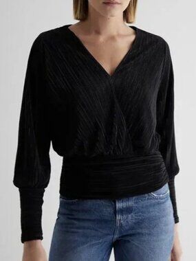 Express Women's Long Sleeve Surplice Top – Size Medium – Black – Pleated V-Neck